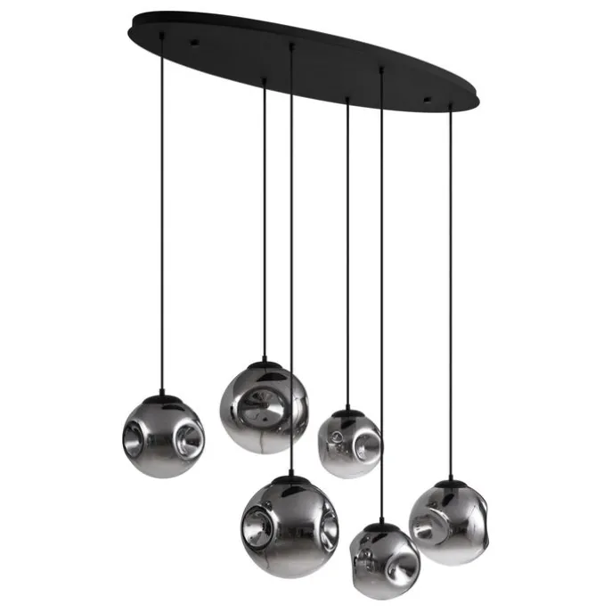 Art-Deco-Hängelampe schwarz mit ovaler Deckenplatte und Rauchglas 6-flammig - Douglass