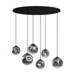 Art-Deco-Hängelampe schwarz mit ovaler Deckenplatte und Rauchglas 6-flammig - Douglass