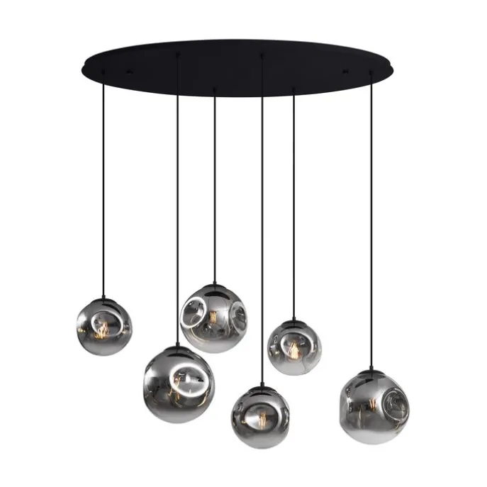 Art-Deco-Hängelampe schwarz mit ovaler Deckenplatte und Rauchglas 6-flammig - Douglass