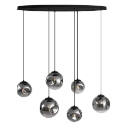 Art-Deco-Hängelampe schwarz mit ovaler Deckenplatte und Rauchglas 6-flammig - Douglass