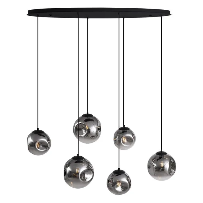 Art-Deco-Hängelampe schwarz mit ovaler Deckenplatte und Rauchglas 6-flammig - Douglass