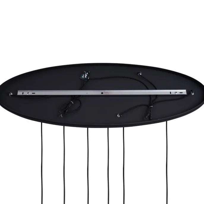 Art-Deco-Hängelampe schwarz mit ovaler Deckenplatte und Rauchglas 6-flammig - Douglass