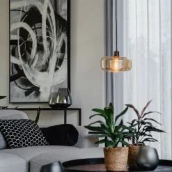 Art-Deco-Hängelampe schwarz mit braunem Glas - Bizle