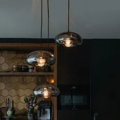 Art-Deco-Hängelampe schwarz mit Rauchglas rund 3-flammig – Ayesha