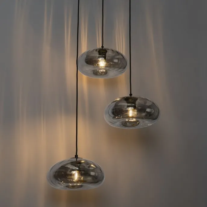 Art-Deco-Hängelampe schwarz mit Rauchglas rund 3-flammig – Ayesha