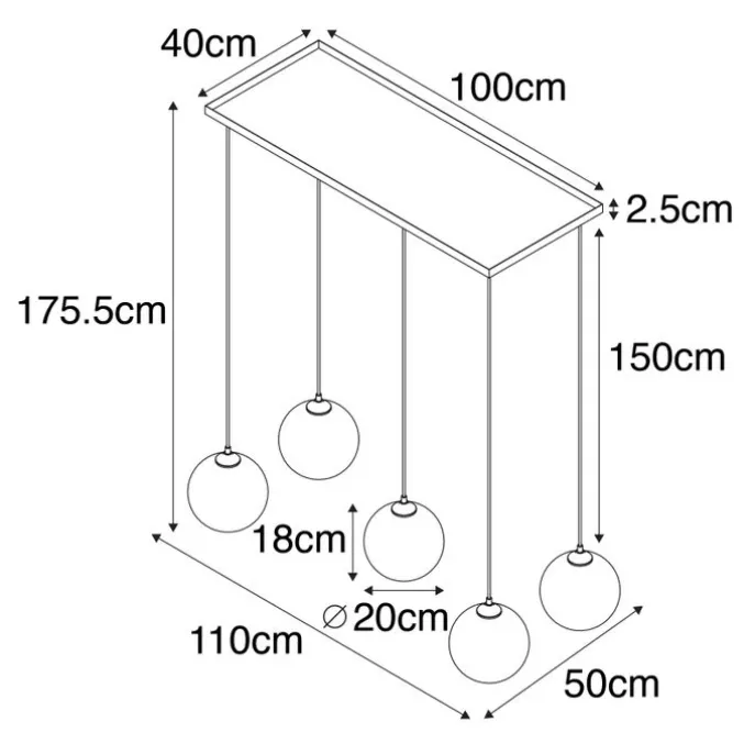 Art-Deco-Hängelampe schwarz mit Rauchglas 5 Lichter - Wallace