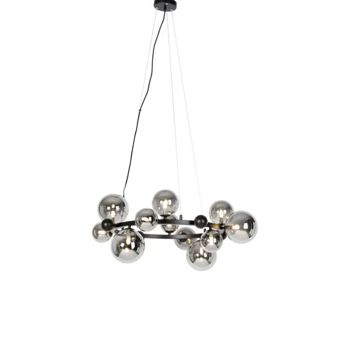 Art-Deco-Hängelampe schwarz mit Rauchglas 12-flammig – David