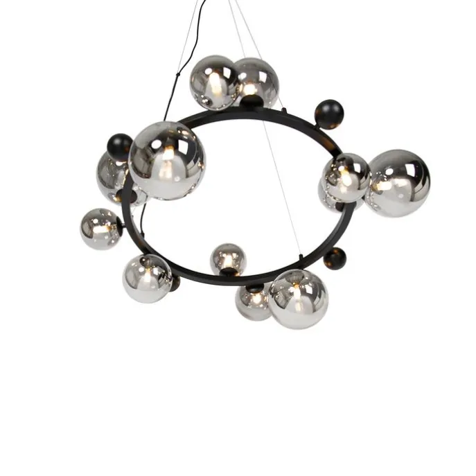 Art-Deco-Hängelampe schwarz mit Rauchglas 12-flammig – David