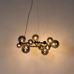 Art-Deco-Hängelampe schwarz mit Rauchglas 12-flammig – David