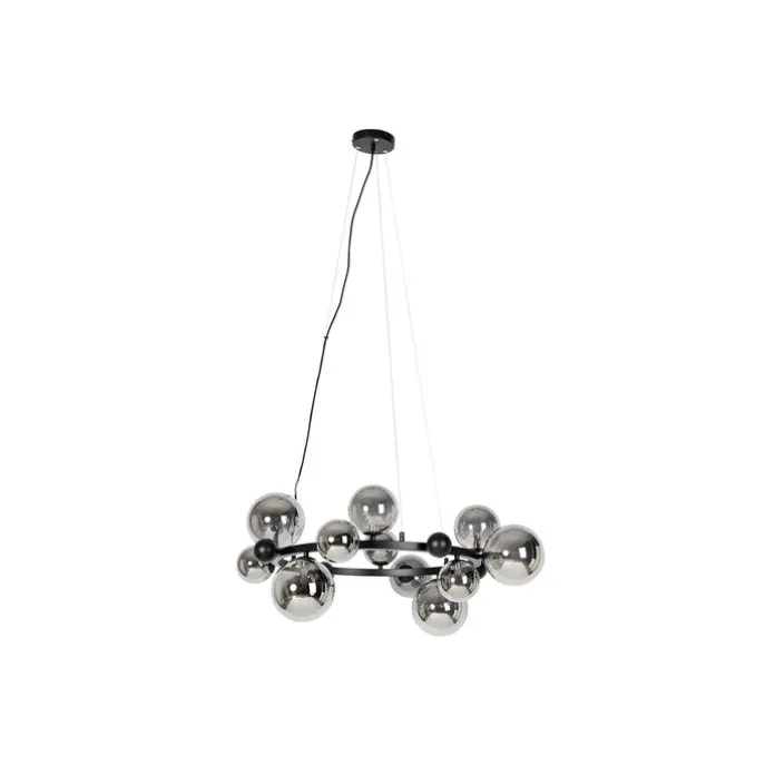 Art-Deco-Hängelampe schwarz mit Rauchglas 12-flammig – David