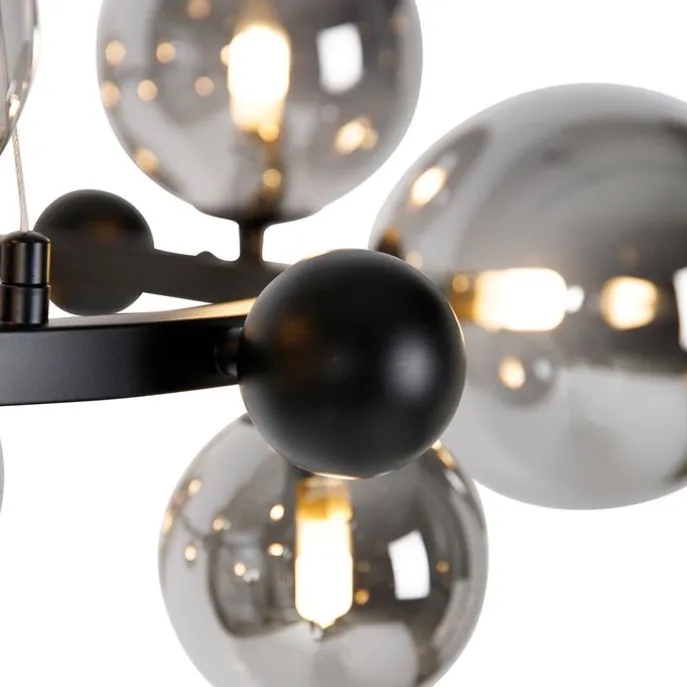 Art-Deco-Hängelampe schwarz mit Rauchglas 12-flammig – David