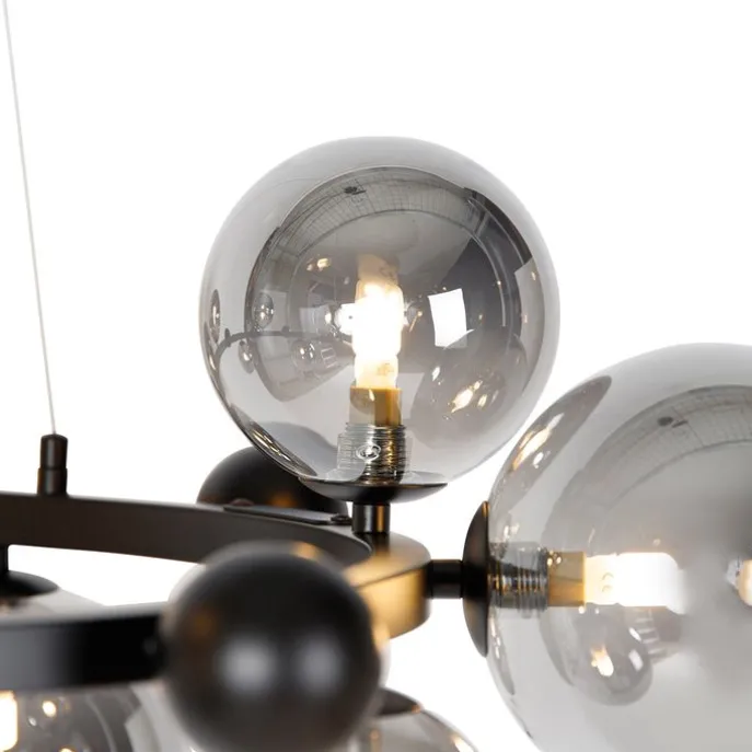 Art-Deco-Hängelampe schwarz mit Rauchglas 12-flammig – David