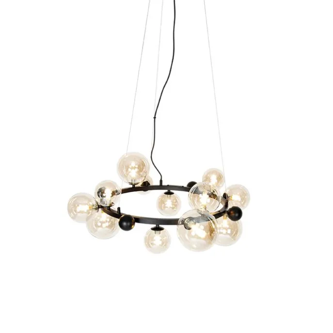 Art-Deco-Hängelampe schwarz mit bernsteinfarbenem Glas 12 Lichter – David