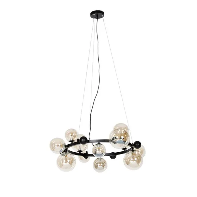 Art-Deco-Hängelampe schwarz mit bernsteinfarbenem Glas 12 Lichter – David