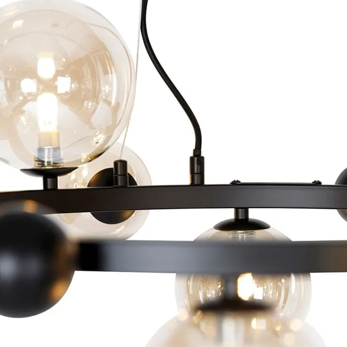 Art-Deco-Hängelampe schwarz mit bernsteinfarbenem Glas 12 Lichter – David