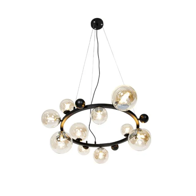 Art-Deco-Hängelampe schwarz mit bernsteinfarbenem Glas 12 Lichter – David