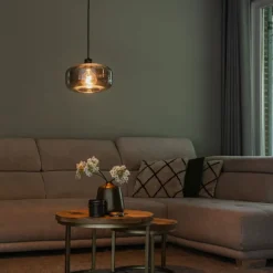 Art-Deco-Hängelampe schwarz mit Rauchglas - Bizle