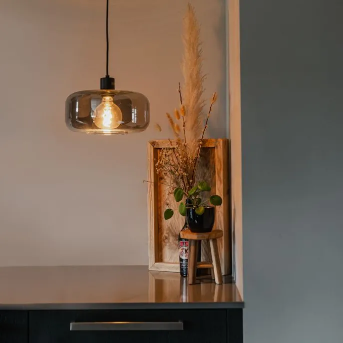 Art-Deco-Hängelampe schwarz mit Rauchglas - Bizle