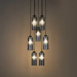 Art-Deco-Hängelampe schwarz mit Rauchglas 7-flammig – Laura