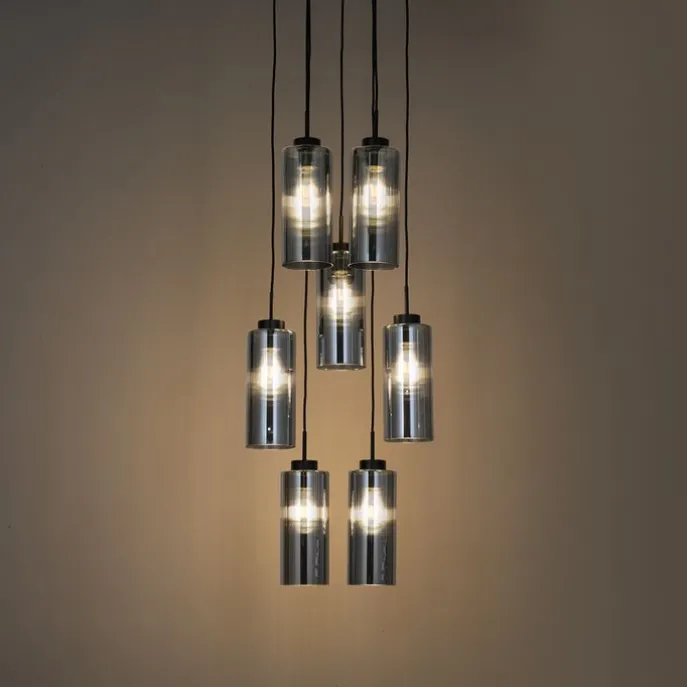 Art-Deco-Hängelampe schwarz mit Rauchglas 7-flammig – Laura
