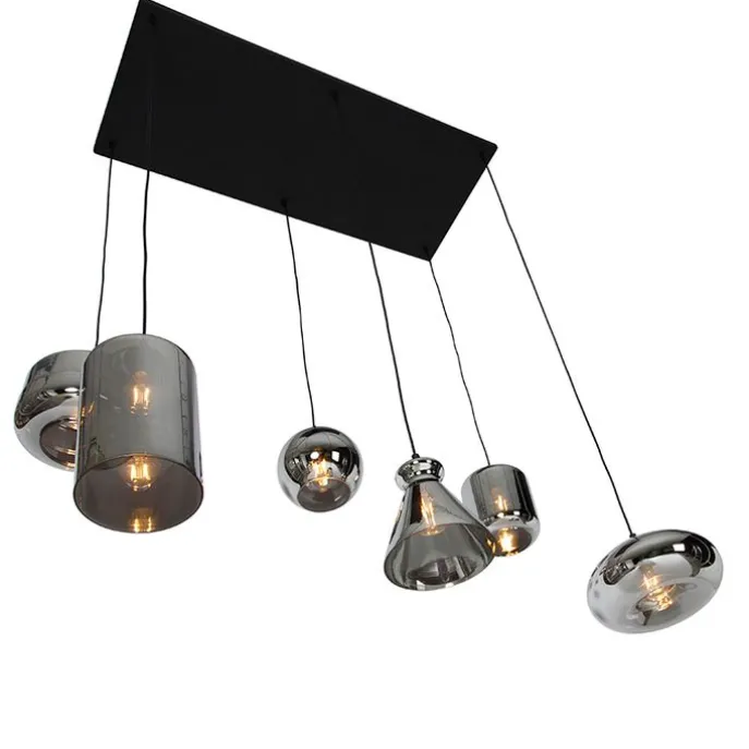 Art-Deco-Hängelampe schwarz mit Rauchglas 6 Lichter - Wallace