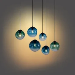 Art-Deco-Hängeleuchte schwarz mit ovaler Deckenplatte und grünem und blauem Glas 6-flammig - Douglass