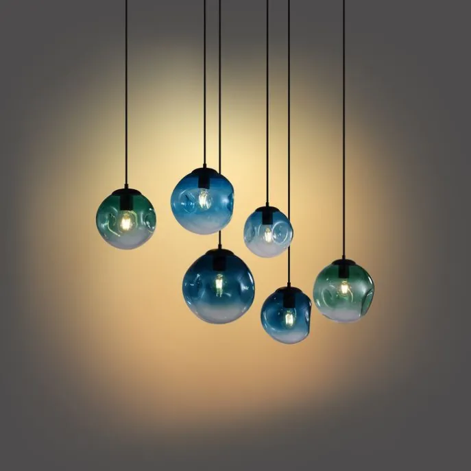 Art-Deco-Hängeleuchte schwarz mit ovaler Deckenplatte und grünem und blauem Glas 6-flammig - Douglass