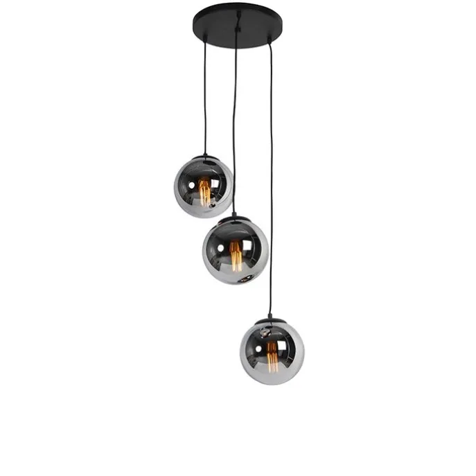 Art-Deco-Pendelleuchte schwarz mit Rauchglas 3-flammig - Pallon