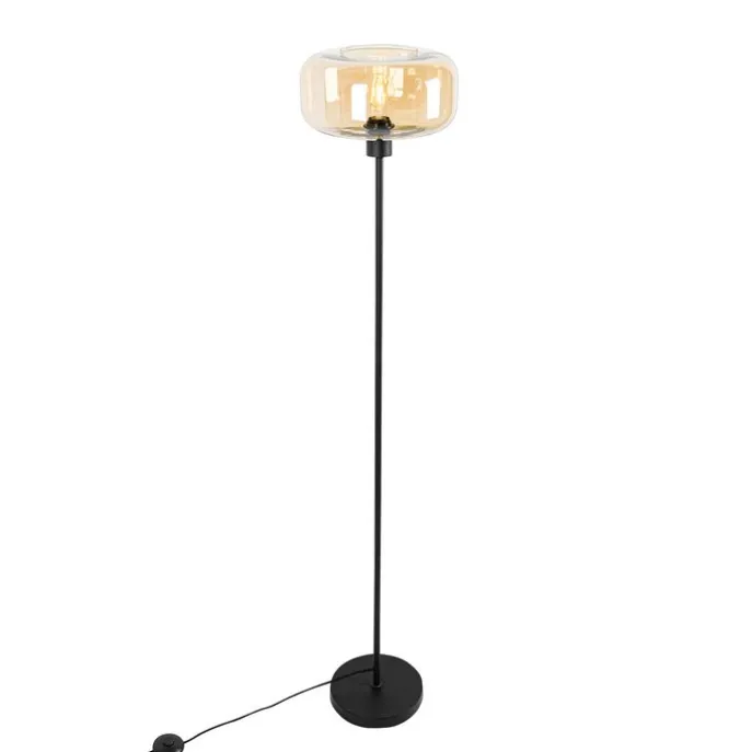 Art-Deco-Stehlampe schwarz mit braunem Glas - Bizle