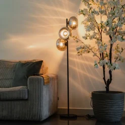 Art-Deco-Stehlampe schwarz mit Rauchglas 3-flammig – Ayesha