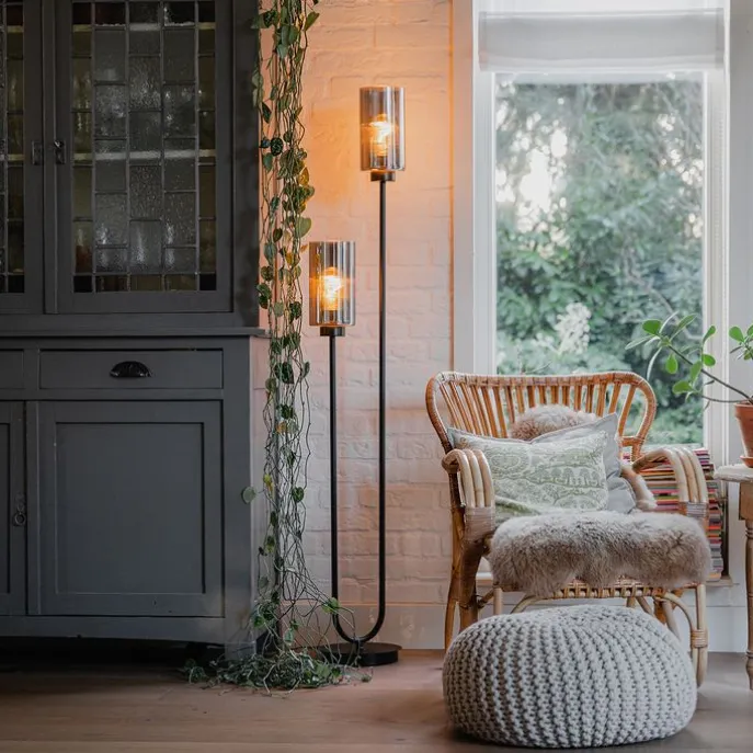 Art-Deco-Stehleuchte schwarz mit Rauchglas 2-flammig – Laura