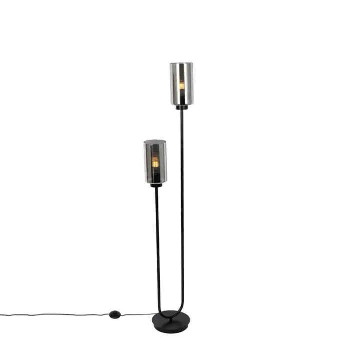 Art-Deco-Stehleuchte schwarz mit Rauchglas 2-flammig – Laura