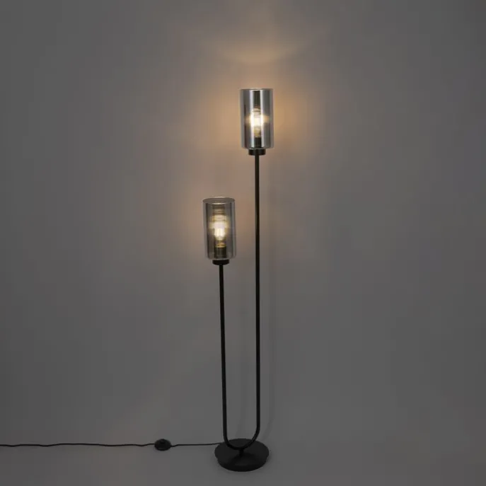 Art-Deco-Stehleuchte schwarz mit Rauchglas 2-flammig – Laura