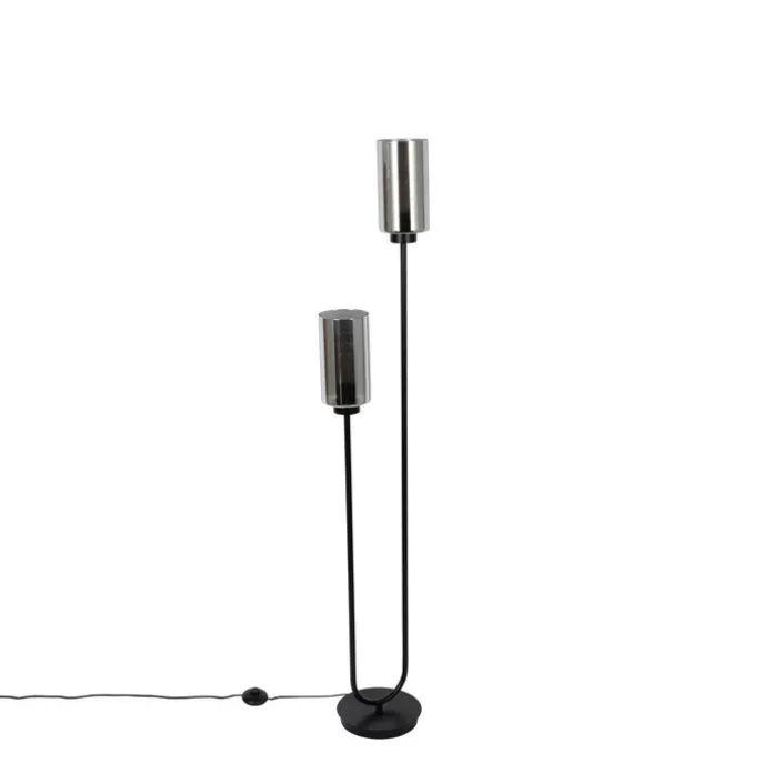 Art-Deco-Stehleuchte schwarz mit Rauchglas 2-flammig – Laura