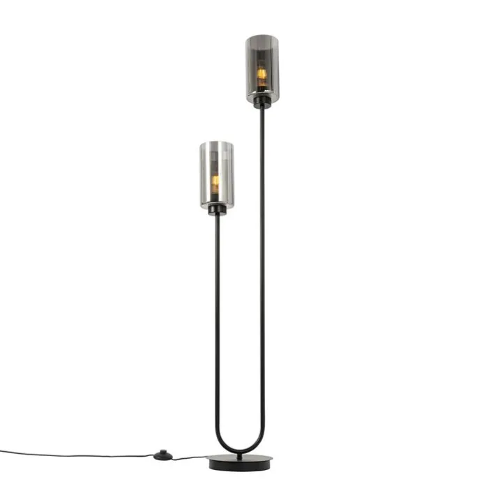 Art-Deco-Stehleuchte schwarz mit Rauchglas 2-flammig – Laura