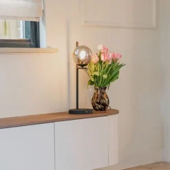 Art-Deco-Tischlampe in Schwarz und Rauchglas – Flore