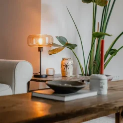 Art-Deco-Tischlampe schwarz mit braunem Glas - Bizle