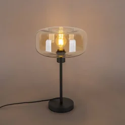 Art-Deco-Tischlampe schwarz mit braunem Glas - Bizle