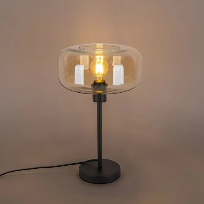 Art-Deco-Tischlampe schwarz mit braunem Glas - Bizle