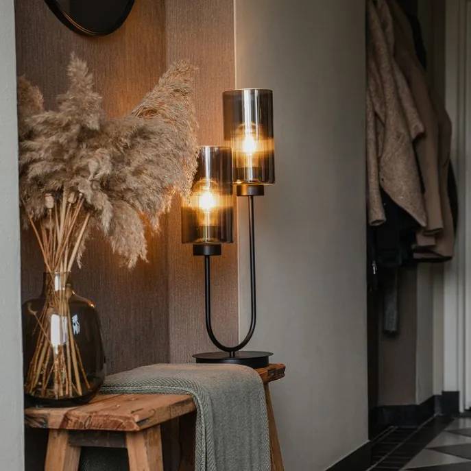 Art-Deco-Tischlampe schwarz mit Rauchglas 2-flammig – Laura