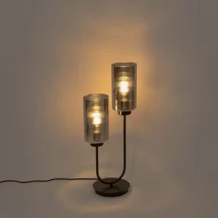 Art-Deco-Tischlampe schwarz mit Rauchglas 2-flammig – Laura