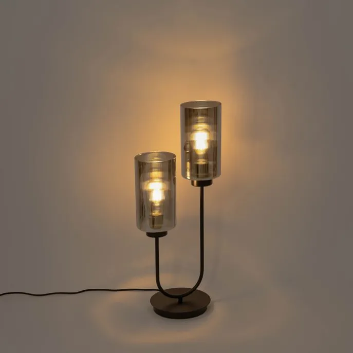 Art-Deco-Tischlampe schwarz mit Rauchglas 2-flammig – Laura