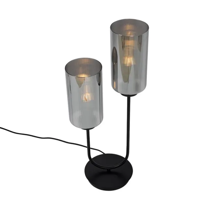 Art-Deco-Tischlampe schwarz mit Rauchglas 2-flammig – Laura