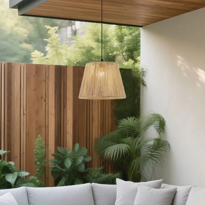 Außenhängeleuchte schwarz mit beigefarbenem Seilschirm IP44 - Cava Jayla