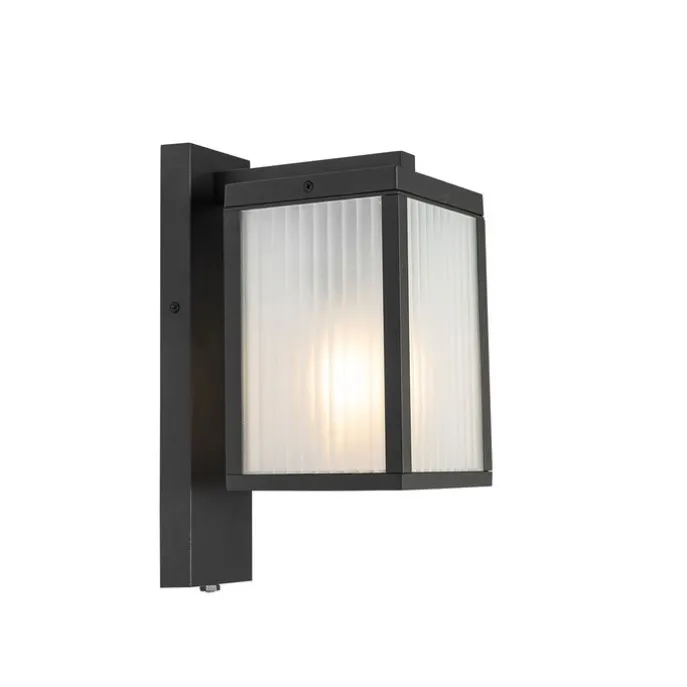 Außenwandlaterne schwarz mit geripptem Glas und Hell-Dunkel-Sensor - Charlois