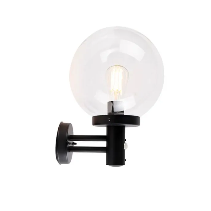 Außenwandleuchte schwarz mit klarem Glas inkl. Bewegungsmelder - Sfera