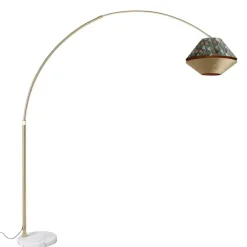 Bogenlampe aus Messing mit doppeltem, weißem Samtschirm, Blattdesign und Beige - XXL