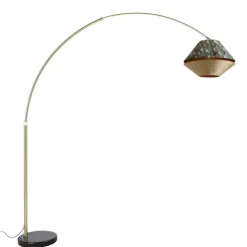 Bogenlampe aus Messing mit doppeltem Samtschirm Blattdesign und Beige - XXL