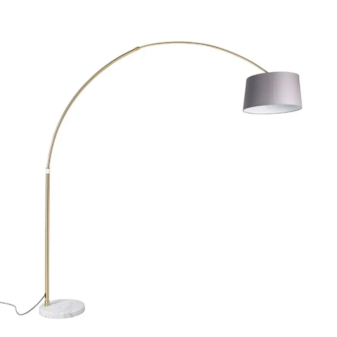 Bogenlampe Messing mit Marmorstoffschirm grau 45 cm - XXL