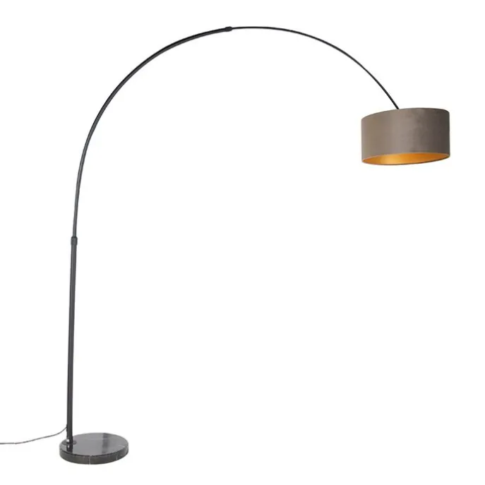 Bogenleuchte schwarz mit Samtlampenschirm Taupe mit Gold 50 cm - XXL
